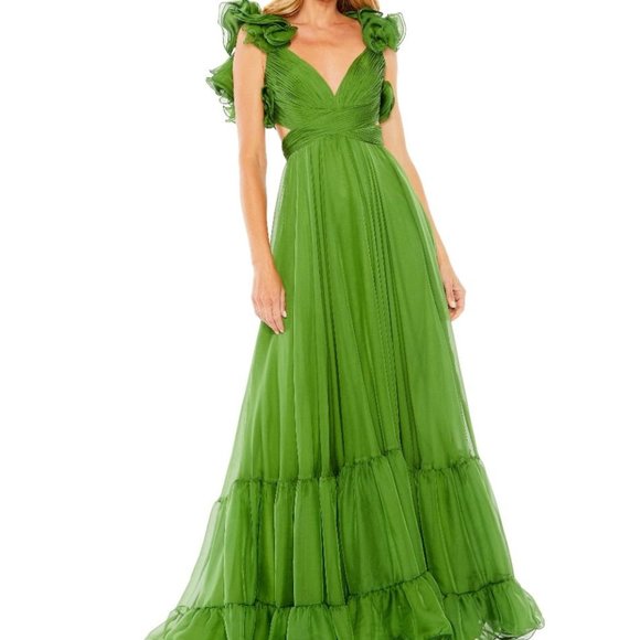 NWT Mac Duggal 67911 Thyme Green Ruffle Tiered Chiffon Maxi Dress Cut Out‎ SZ14 - Picture 1 of 4